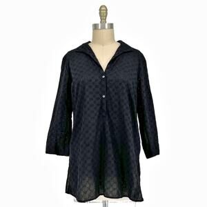 Paperwhite Cotton Eyelet Henley Tunic Top Blouse in Black size 12